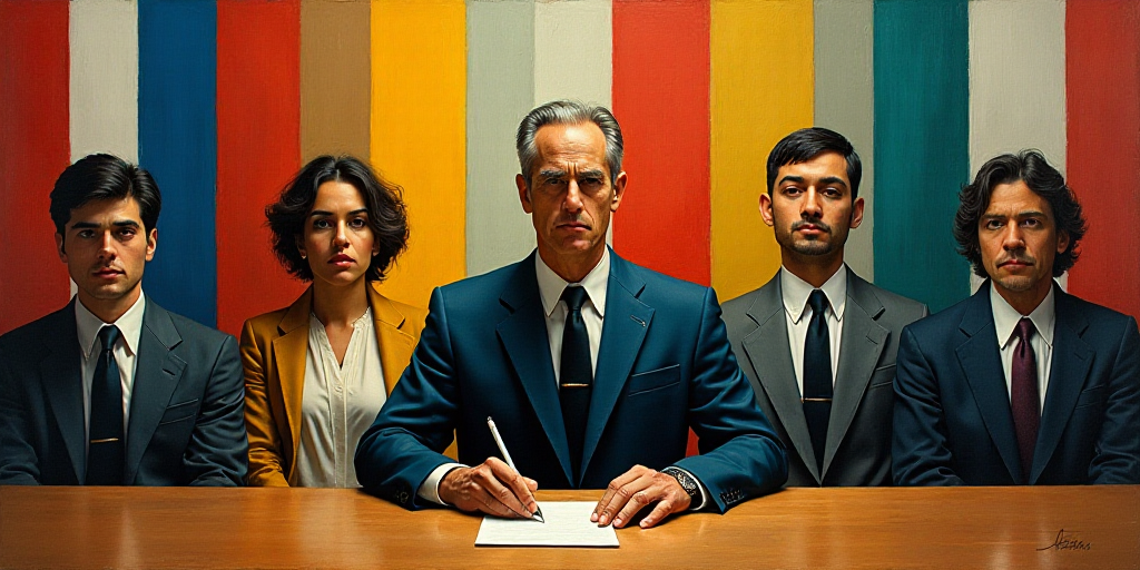 a group of people sitting at a table with flags behind them and a man in a suit and tie, Federico Ur