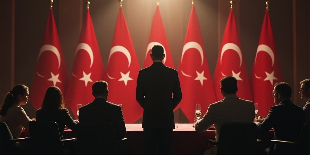 a group of people sitting at a table with flags on it and a man standing at the end of the table, Ay