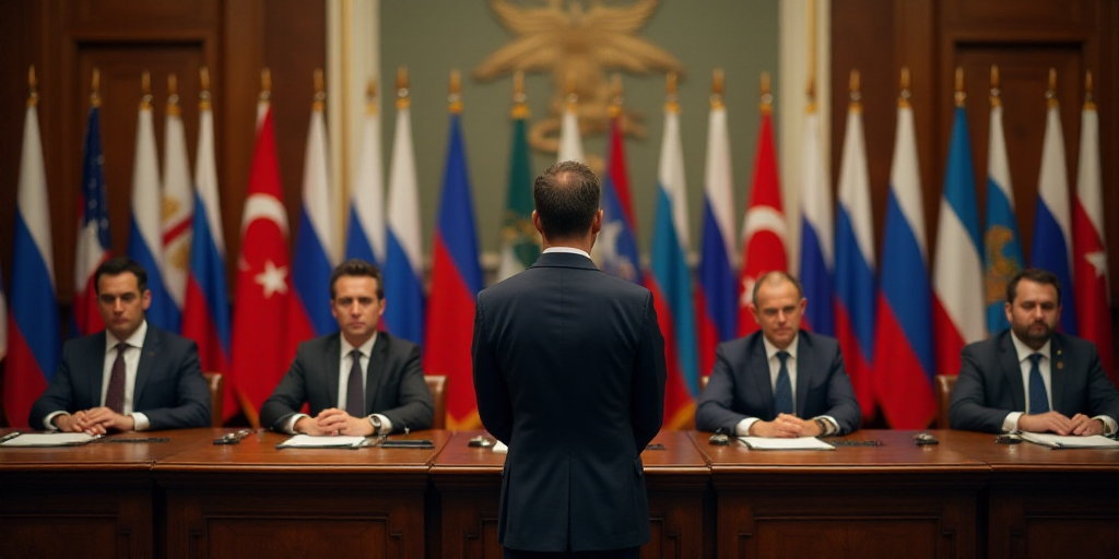 a group of people sitting at a table with flags behind them and a man standing at the front of the t