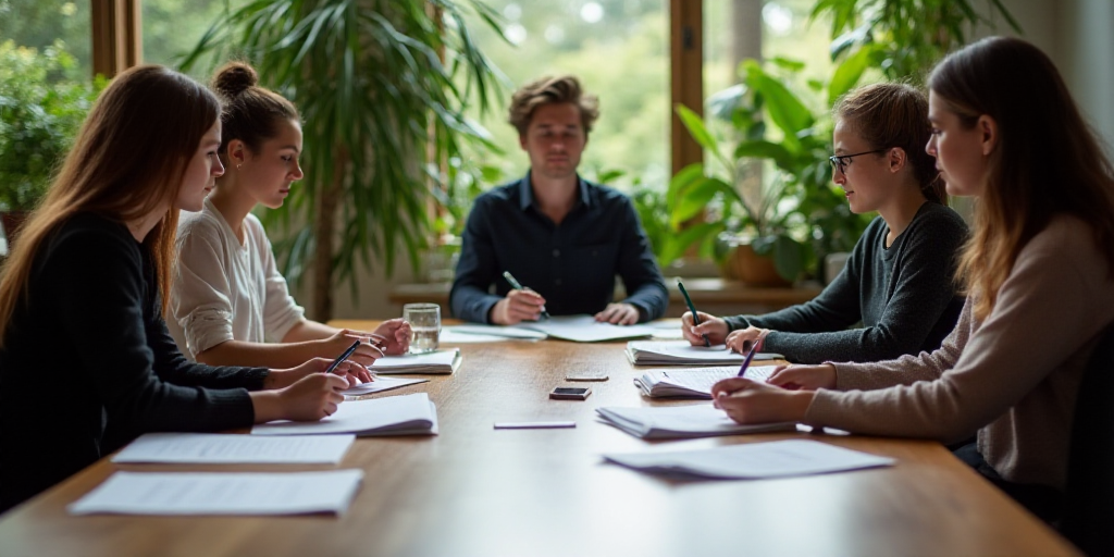 a group of people sitting at a table with papers and pens in front of them and plants in the backgro