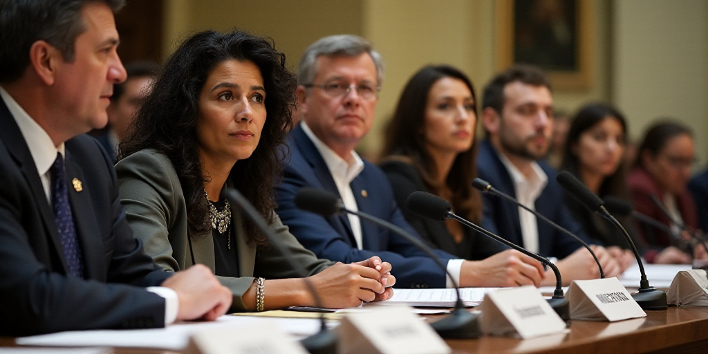 a group of people sitting at a table with papers and a microphone in front of them and a sign behind
