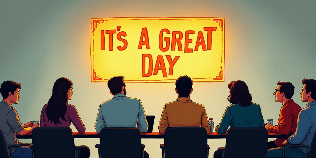 a group of people sitting at a table in front of a wall with a sign that says it's a great day, Edwa