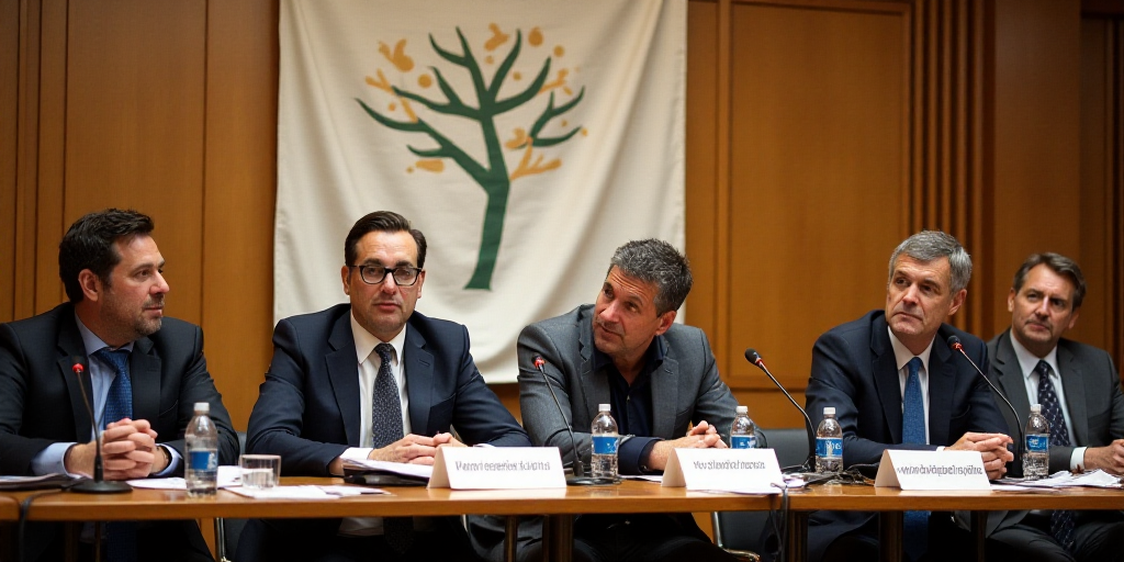 a group of people sitting at a table with microphones in front of them and a banner behind them, Edu