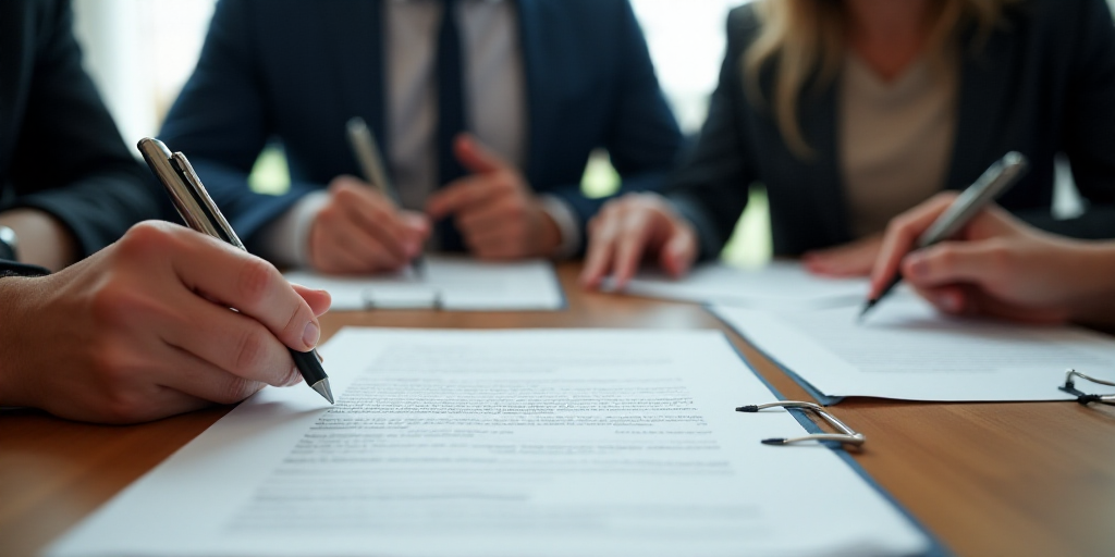 a group of people sitting at a table signing papers and signing papers with a pen and paper clipping