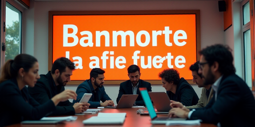 a group of people sitting at a table with laptops and papers in front of a sign that reads banorte l