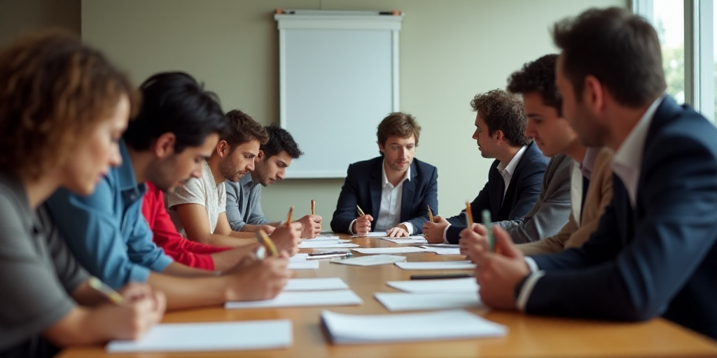 a group of people sitting at a table with papers and pens in front of them and a sign in the backgro