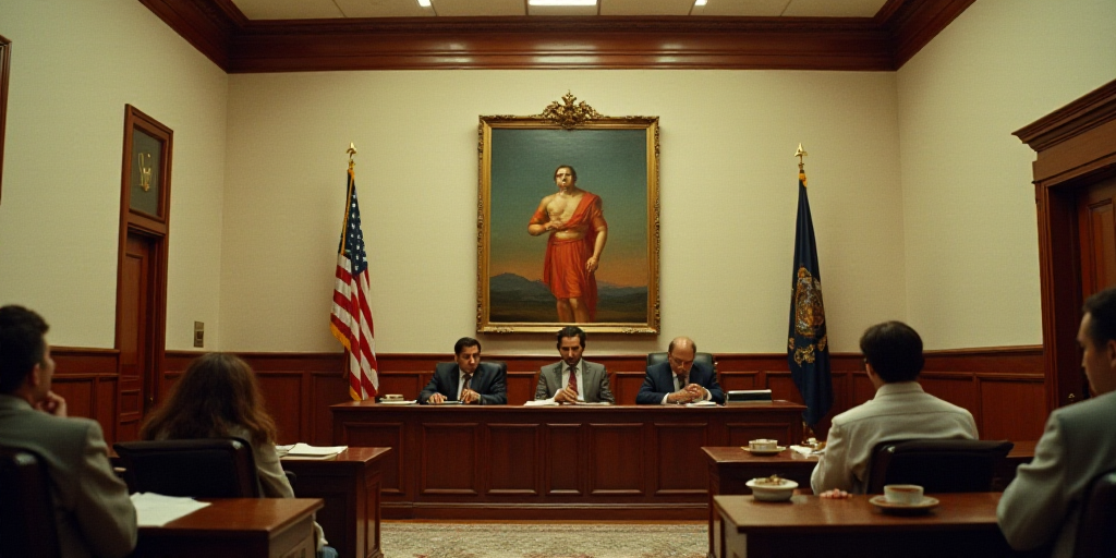 a group of people sitting at a table in a courtroom with a flag hanging from the ceiling and a paint