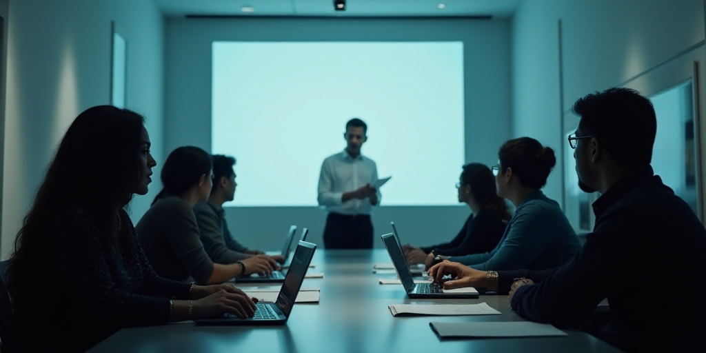 a group of people sitting at a table with papers and laptops in front of them and a speaker at the f