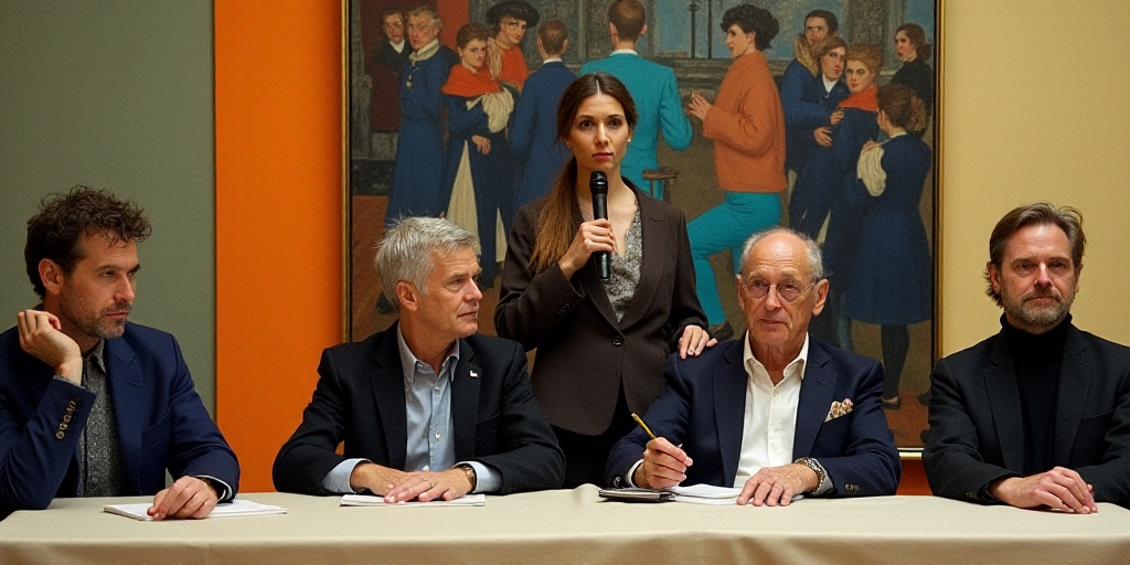 a group of people sitting at a table with a painting behind them and a woman standing behind them wi