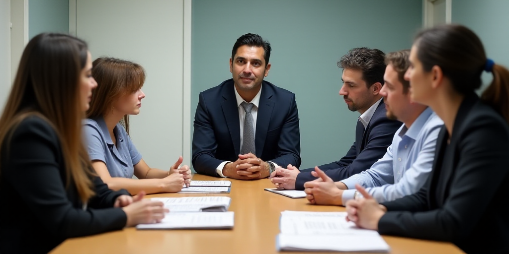 a group of people sitting at a table with papers in front of them and a man standing behind them, Aq