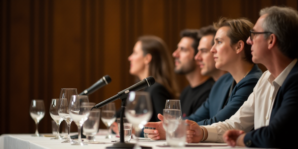 a group of people sitting at a table with wine glasses on it and a microphone in front of them, Anna