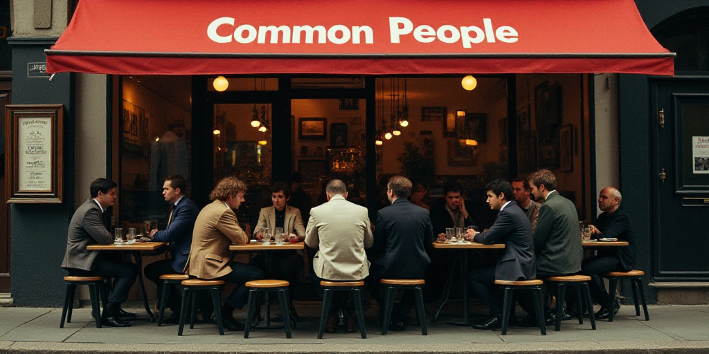 a group of people sitting at a table in front of a sign that says common people on it and a red awni