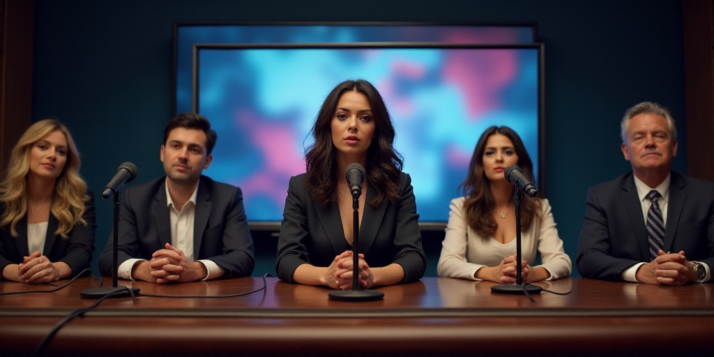 a group of people sitting at a table with microphones in front of them and a tv screen behind them,