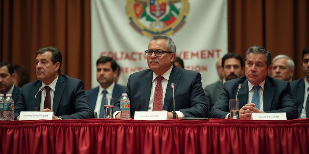 a group of people sitting at a table with microphones in front of them and a banner behind them, Ale