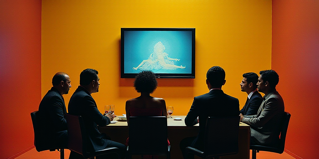 a group of people sitting at a table in a room with a television on the wall and a screen on the wal