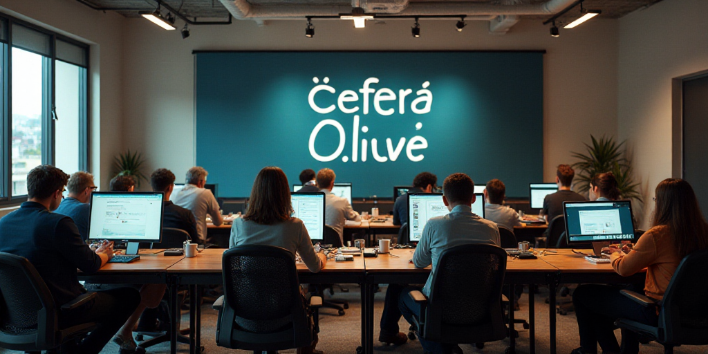 a group of people sitting at a table with computers in front of them and a sign behind them that say