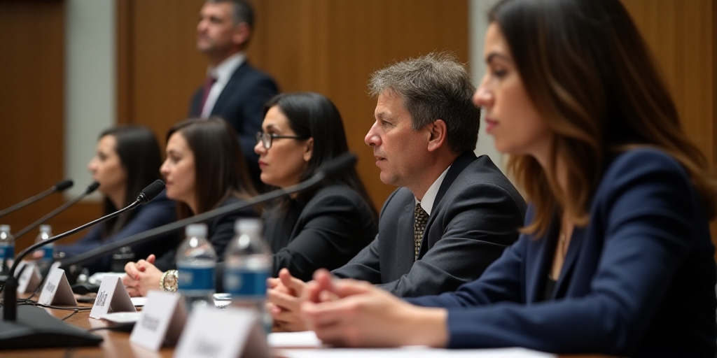 a group of people sitting at a table with microphones in front of them and a man standing behind the