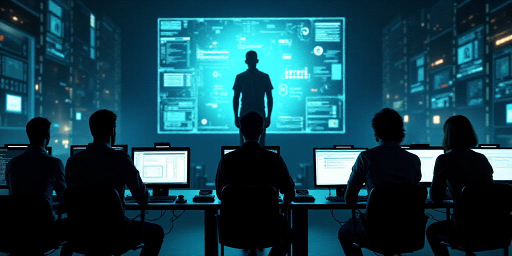 a group of people sitting at desks in front of monitors with a man standing on the screen in front o