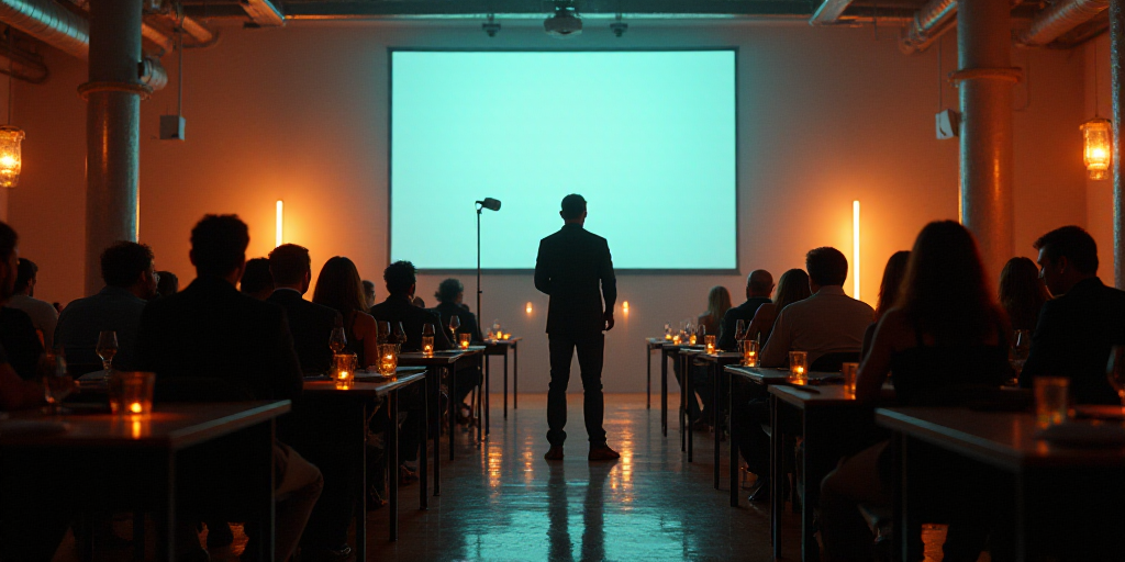 a group of people sitting at tables in front of a screen with a microphone in front of them and a ma