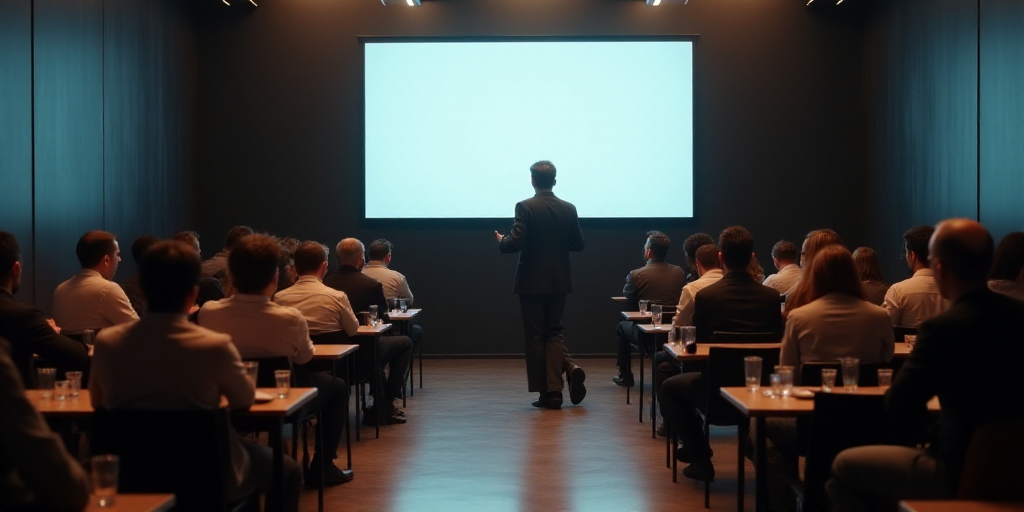 a group of people sitting at tables in a room with a large screen on the wall behind them and a man