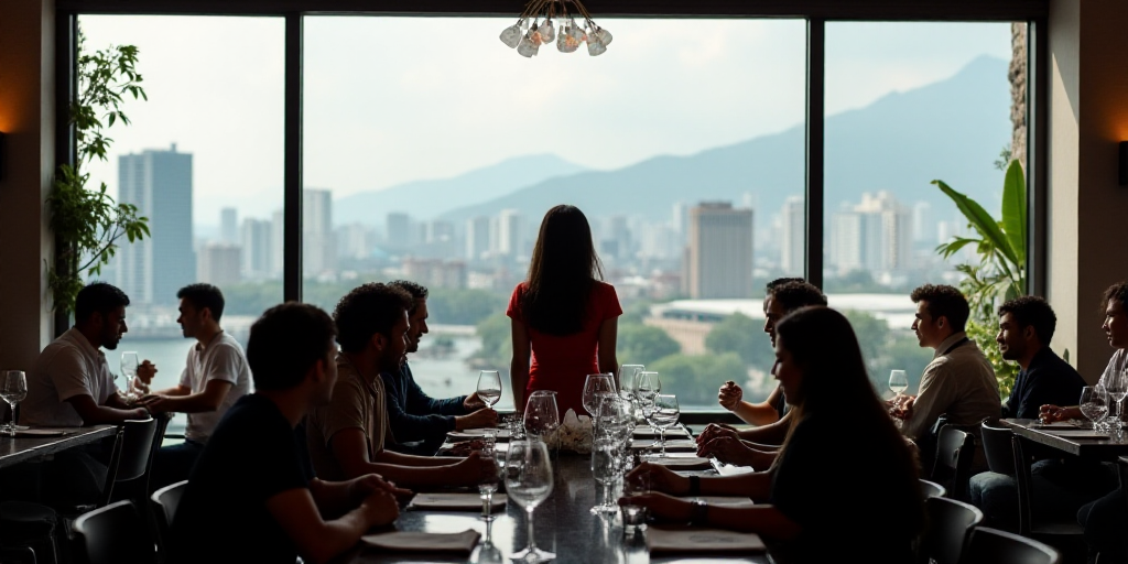 a group of people sitting at tables in a restaurant with a view of the city below them and a woman s