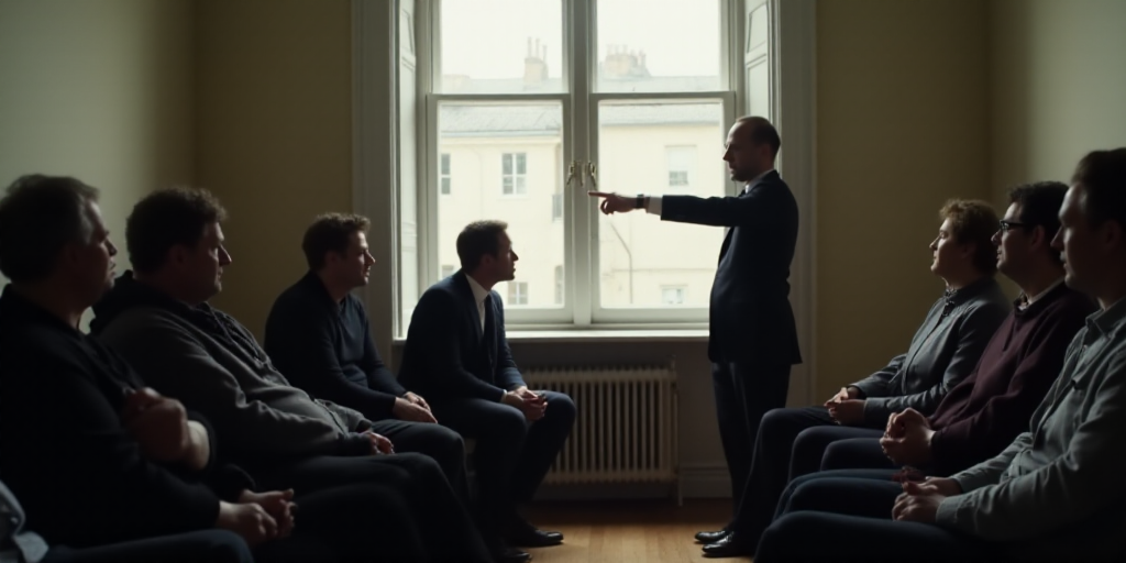 a group of people sitting in a room with a window in the background and a person pointing at them, A