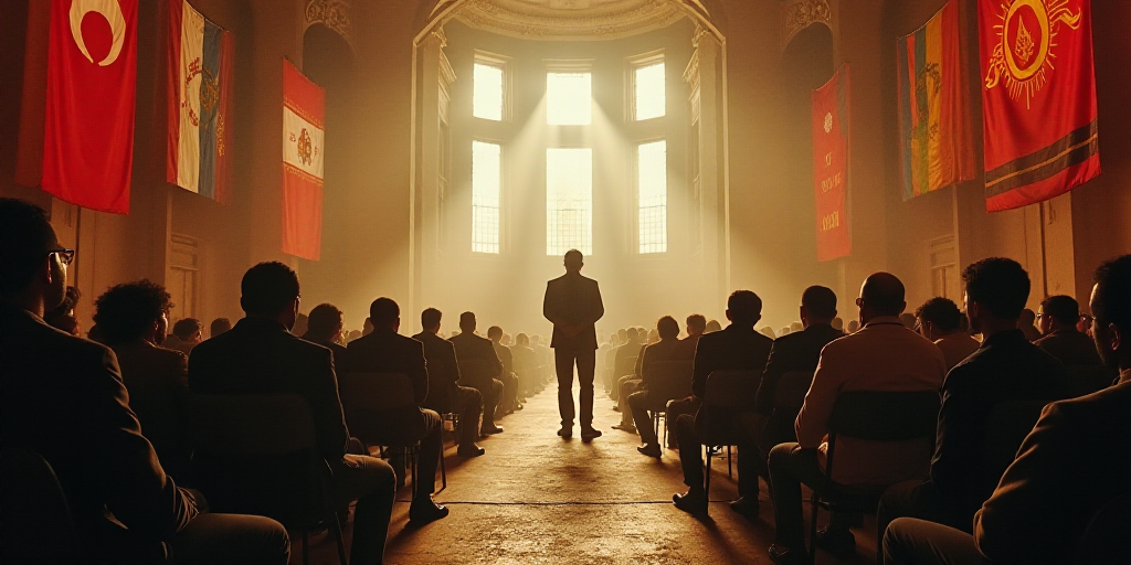 a group of people sitting in a room with flags on the wall behind them and a man standing in the mid