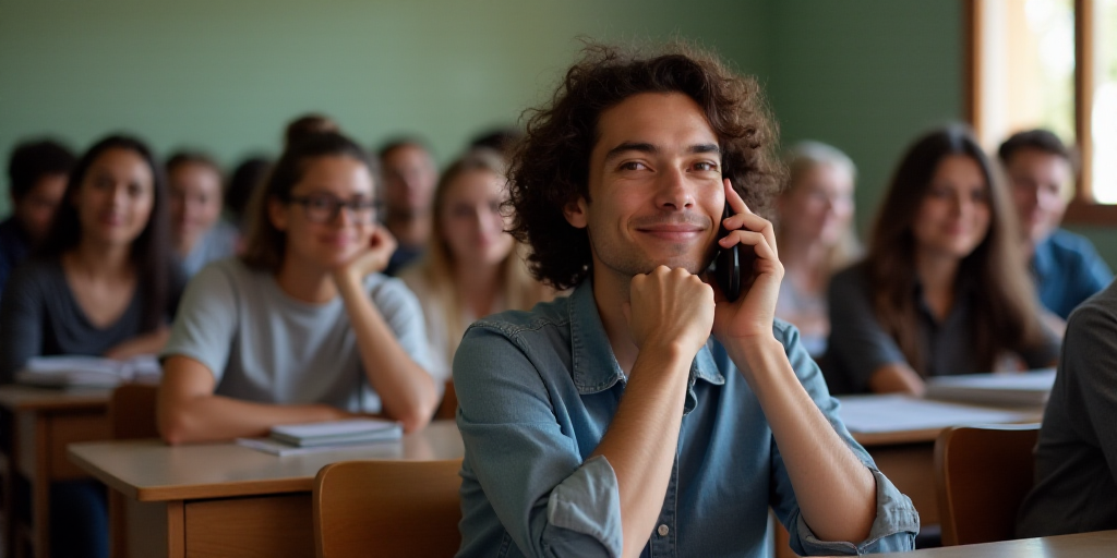 a group of people sitting in a classroom with one person holding a cell phone to their ear and the o