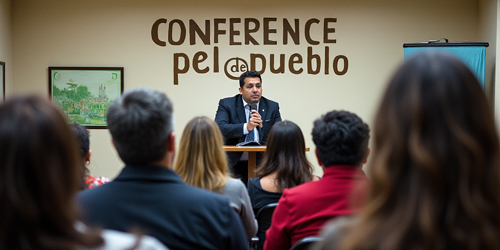 a group of people sitting in chairs in front of a sign and a wall with a sign that says conference d