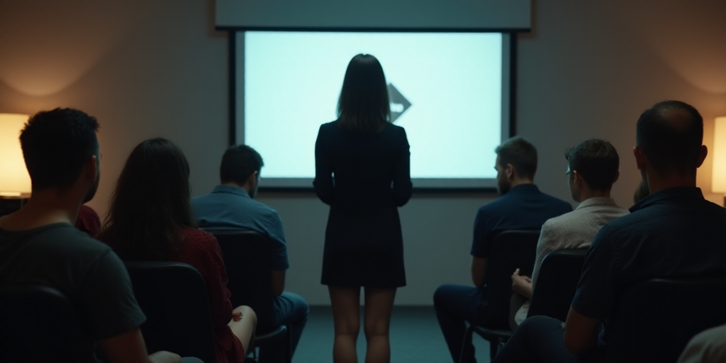 a group of people sitting in chairs in front of a screen with a logo on it and a woman standing in f