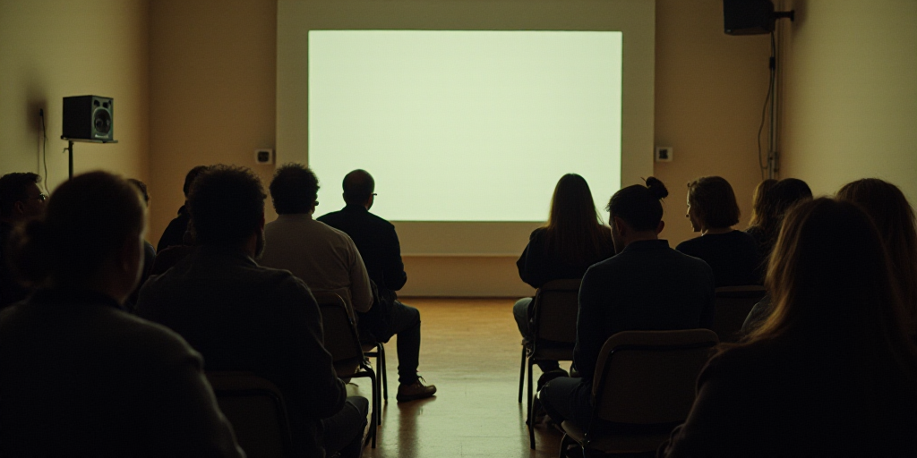 a group of people sitting in chairs in a room with a projector screen in the background and a speake