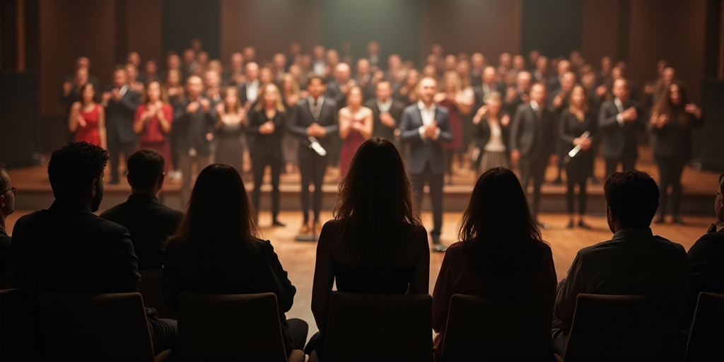 a group of people sitting in front of a crowd of people on stage with microphones in front of them,