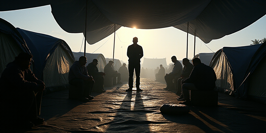 a group of people sitting inside of tents under a tent cover with a black tarp over them and a man s