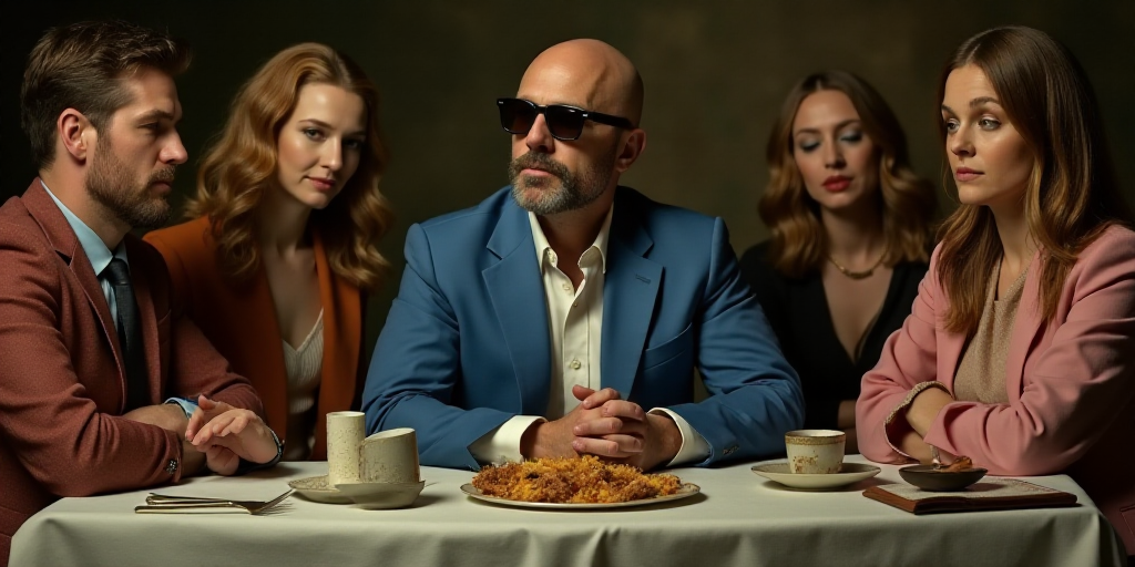 a group of people sitting next to each other at a table with a man in a blue suit and sunglasses, Ca