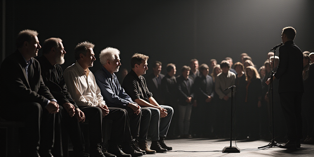 a group of people sitting next to each other in front of a microphone and a crowd of people standing
