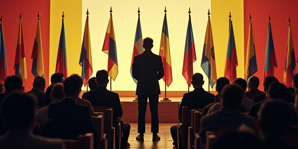 a group of people sitting on a stage with flags on it and a man standing in front of them, Federico