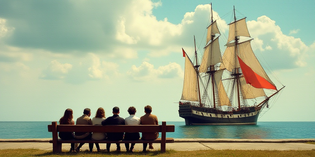 a group of people sitting on a bench next to a tall ship with a flag on it's side, Estuardo Maldonad