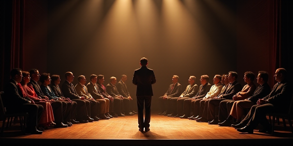 a group of people sitting on a stage with a man speaking to them and a woman standing at the front o