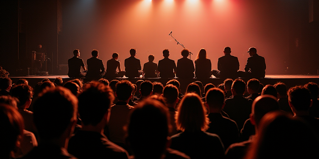 a group of people sitting on a stage in front of a crowd of people with microphones in their hands,
