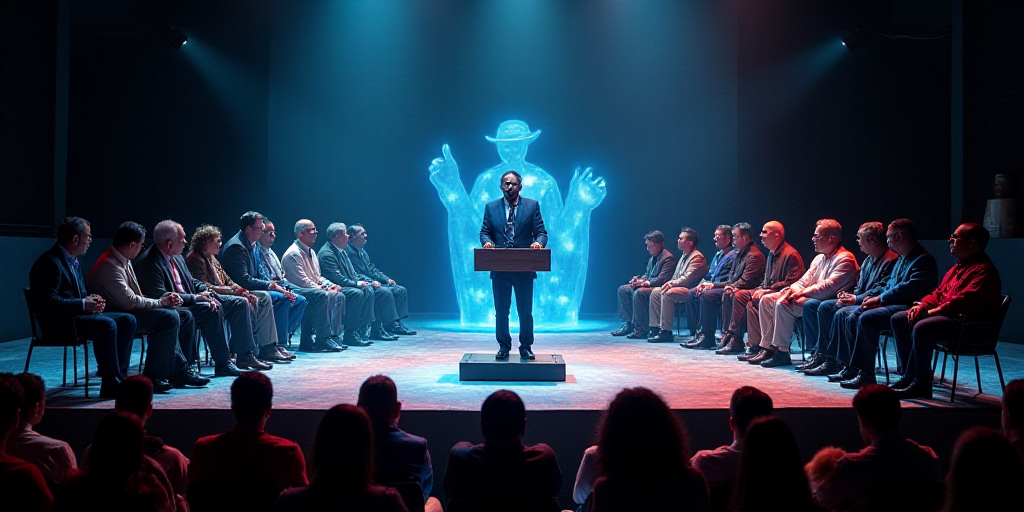 a group of people sitting on a stage with a man standing at a podium in front of them and a man stan