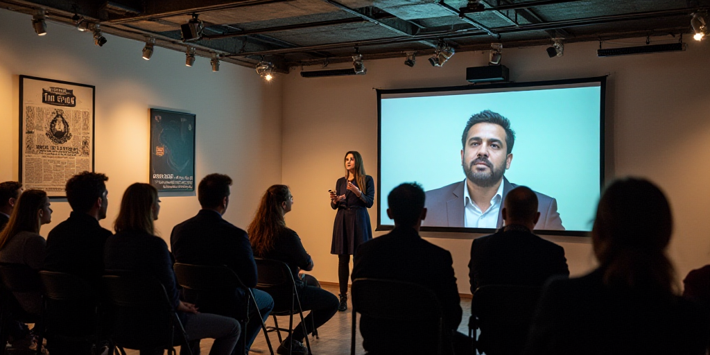 a group of people sitting on chairs in front of a screen with a man speaking on it and a woman stand