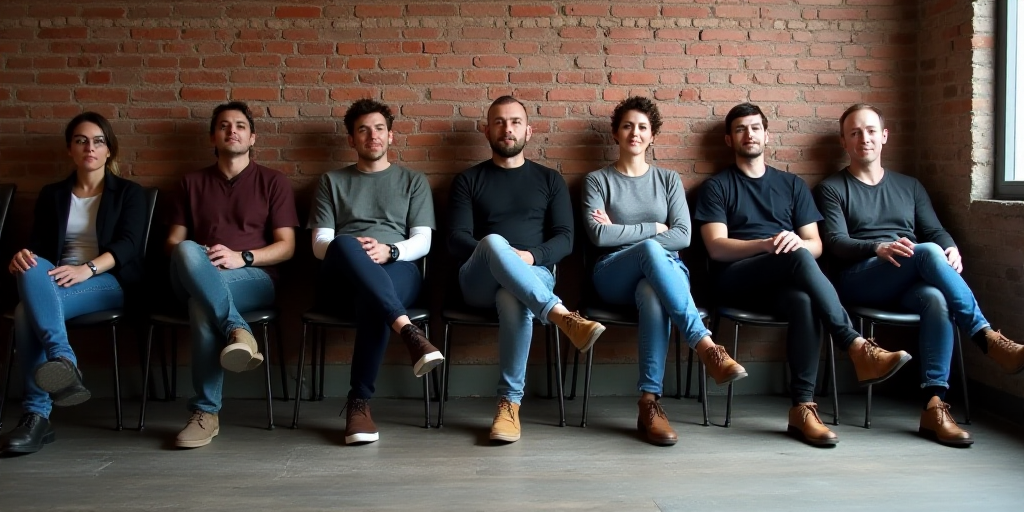 a group of people sitting on chairs with their feet crossed and their feet crossed, with a brick wal