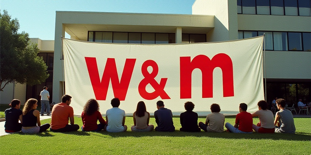 a group of people sitting on the grass in front of a building with a banner behind them that says w
