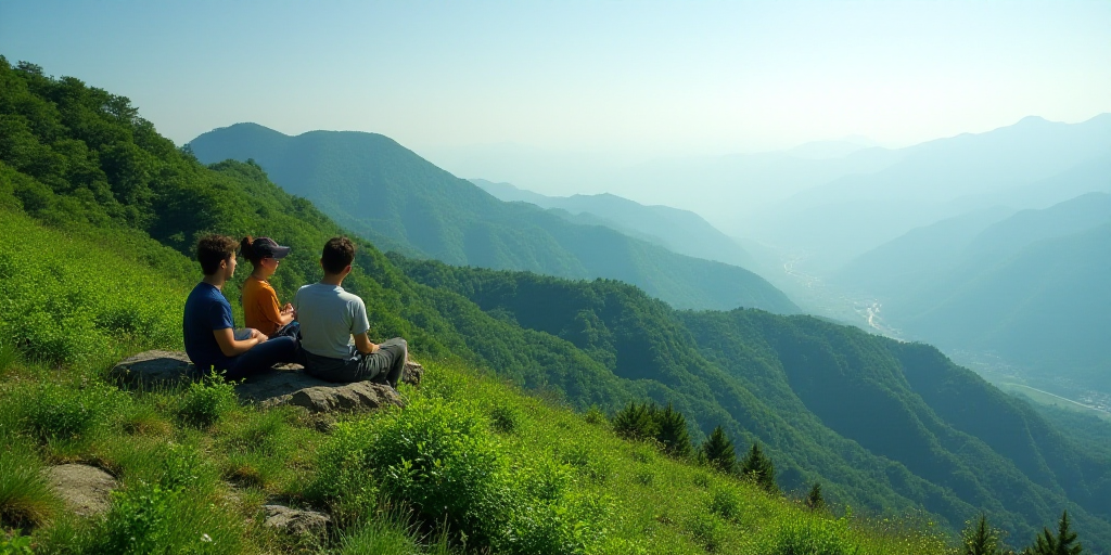 a group of people sitting on top of a mountain next to a lush green hillside covered in trees and bu
