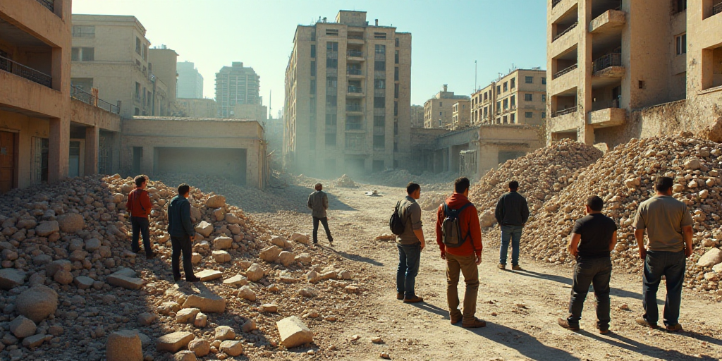 a group of people standing around a pile of rubble and debris in a city area with a building in the