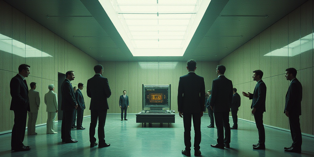 a group of people standing around a room with a machine in it's center and a skylight above it, Carl