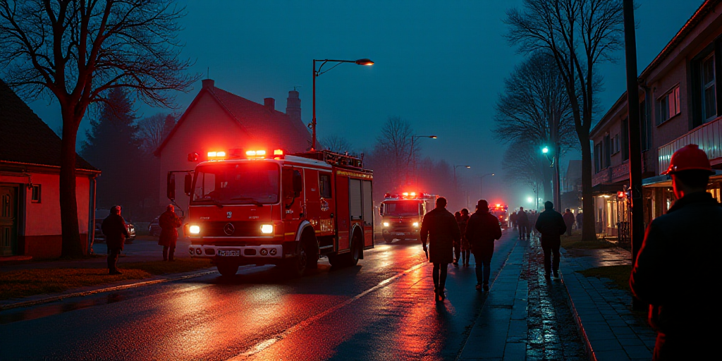 a group of people standing around a fire truck at night time with emergency vehicles nearby and peop