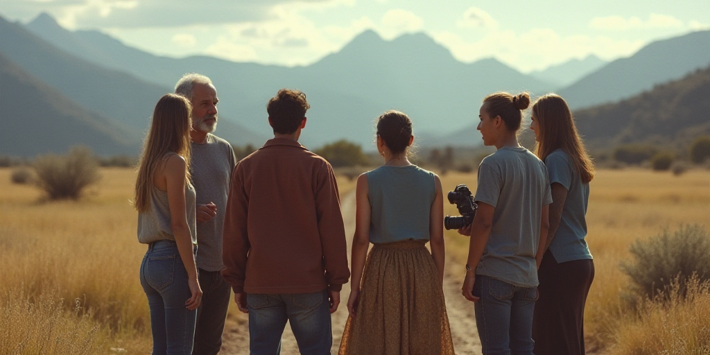 a group of people standing around each other in a field with mountains in the background and a woman