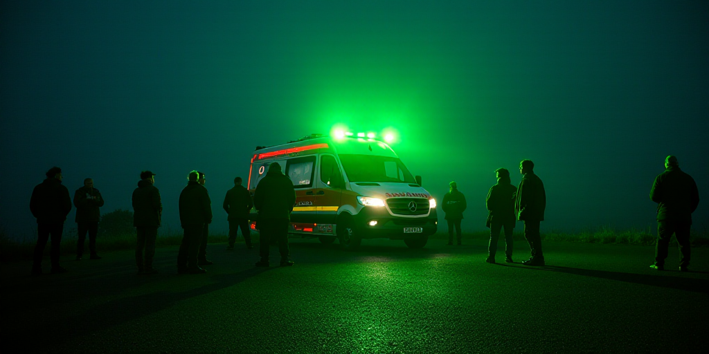 a group of people standing around a red and white ambulance at night with a green light on top of it