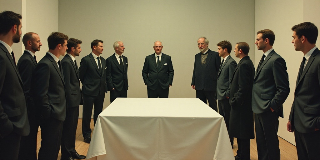 a group of people standing around a table in a building with a white table cloth on it and a man in